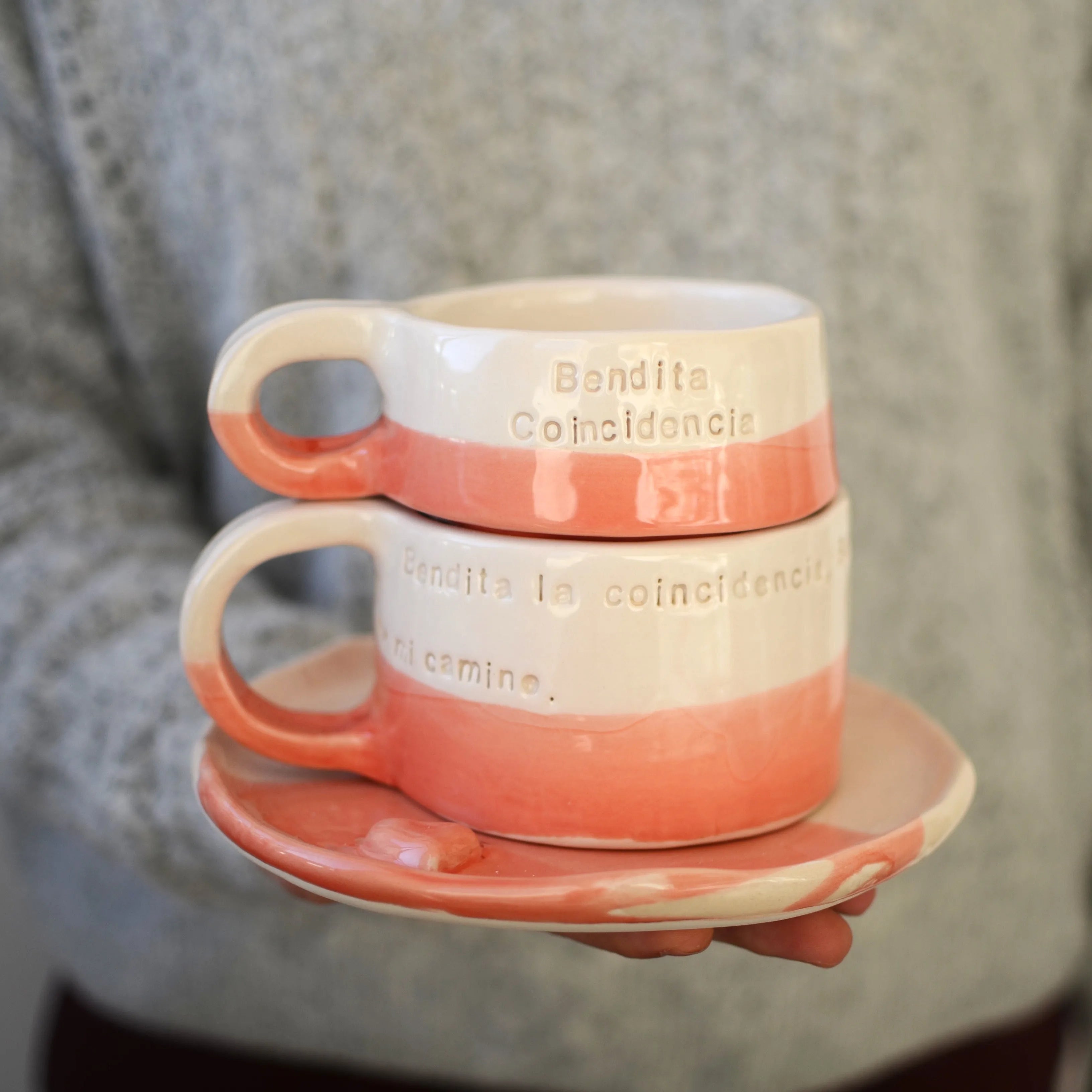 Conjunto de tazas apilables de cerámica artesanal Maia, personalizables con texto, varios colores disponibles