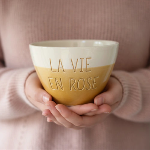 Bowl cerámica artesanal con texto Mon Amour esmaltado en blanco y arena - Maia Artesanía Cerámica