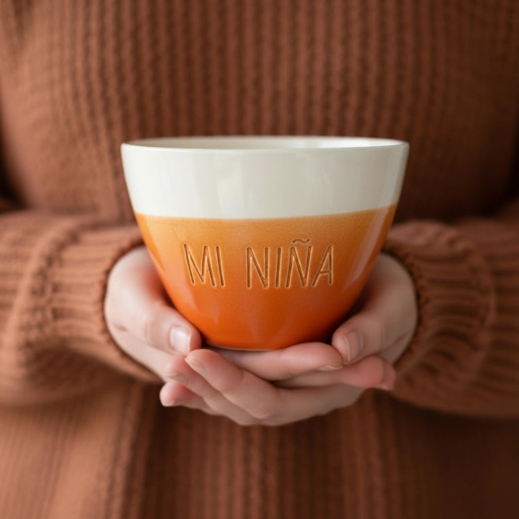 Bowl cerámica artesanal con texto Mon Amour esmaltado en blanco y naranja - Maia Artesanía Cerámica