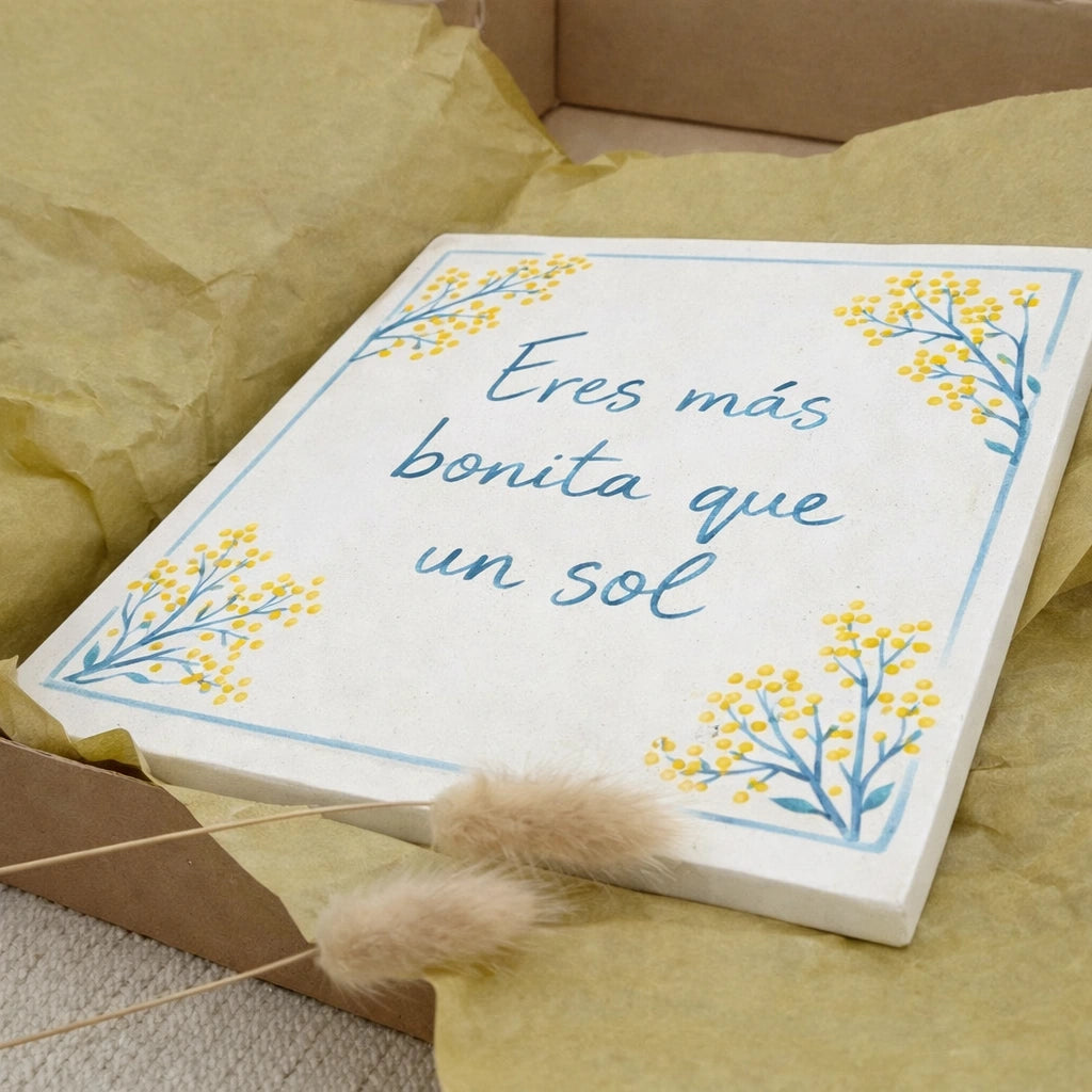 Placa de cerámica artesanal con texto grabado, ideal como regalo personalizado para el hogar