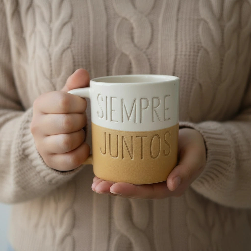Detalle del texto personalizado en taza de cerámica artesanal Maia — letras pintadas a mano en relieve. siempre juntos. arena