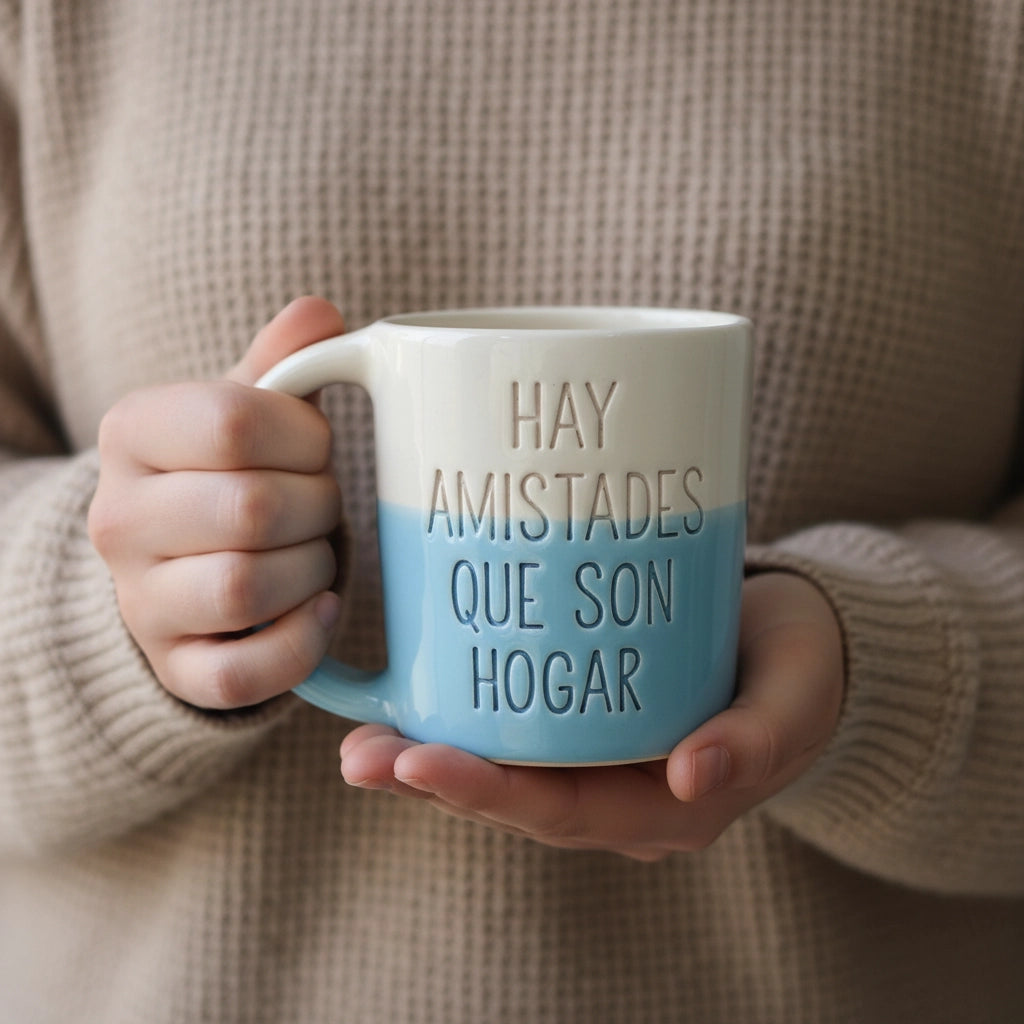 Detalle del texto personalizado en taza de cerámica artesanal Maia — letras pintadas a mano en relieve, celeste 