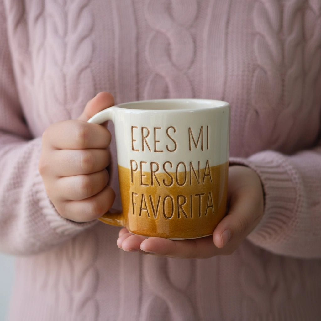 Detalle del texto personalizado en taza de cerámica artesanal Maia — letras pintadas a mano en relieve. miel