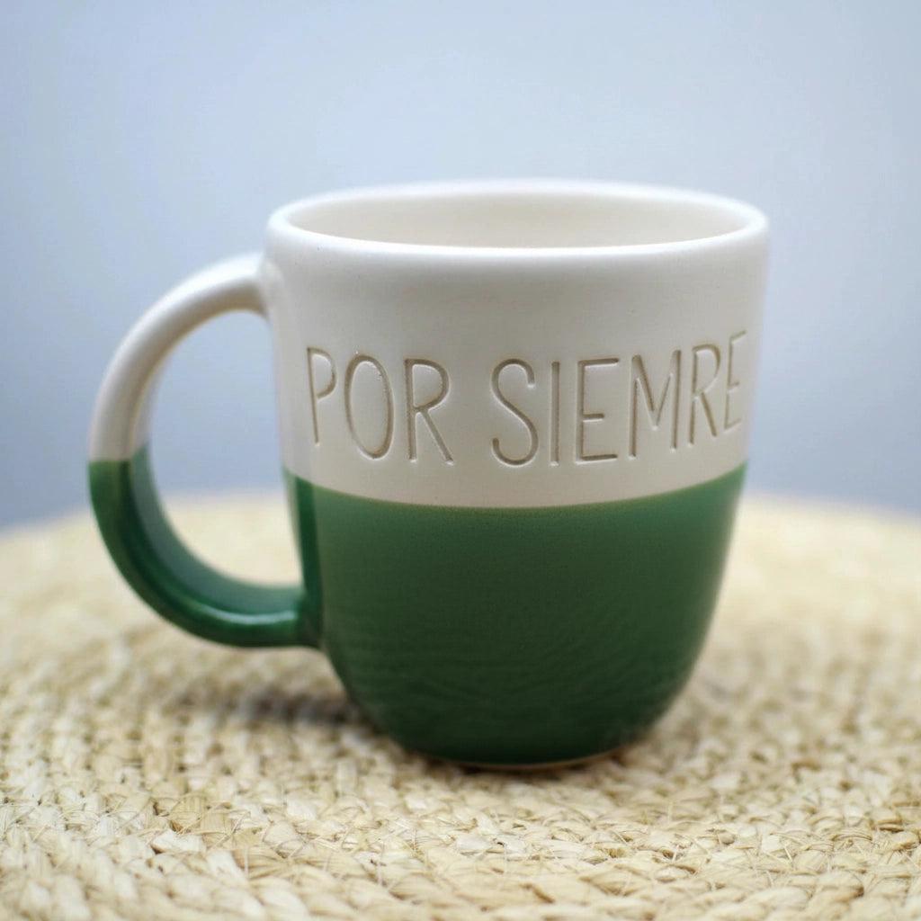 Taza Sonríe personalizada con texto a mano, cerámica artesanal 250-300 ml — regalo único y original de Maia Cerámica. verde, por siempre