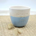 Vaso cerámica artesanal Gracias por Todo esmaltado en blanco y celeste hecho a mano 315ml - Maia Artesanía Cerámica